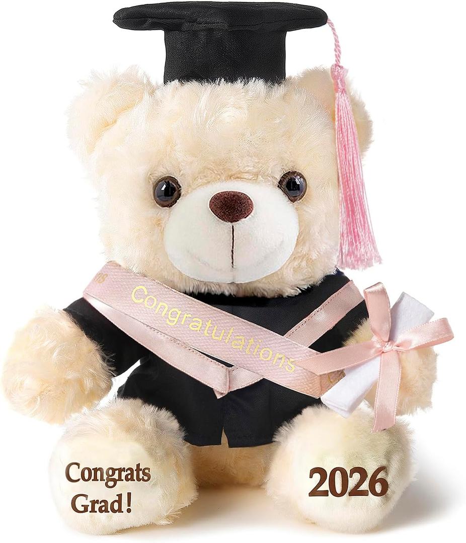 Graduation Teddy Bear Plush with Cap and Diploma, 8 inch (Pink), Medium