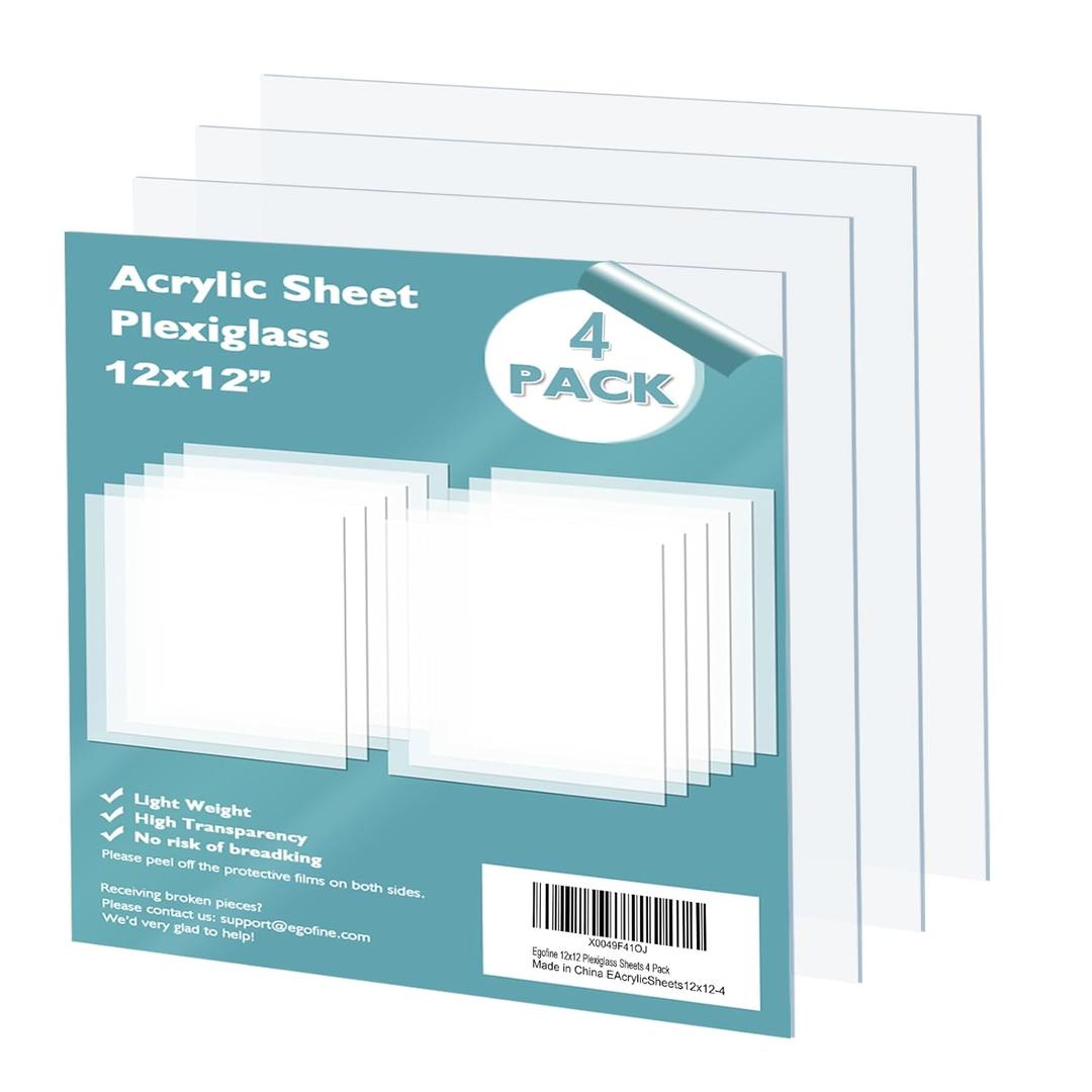 Egofine Plexiglass Sheets Acrylic Sheets 4 Pack of 12x12 0.04 Thick Clear Plastic Cast Transparent Plexi Glass for Crafting Projects, Replacement Picture Frame Glass, DIY Display, Easy to Cut