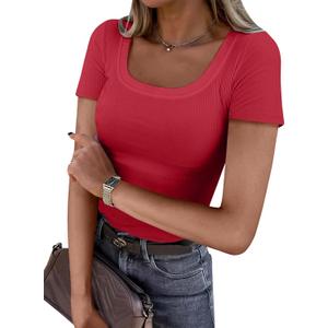 ANRABESS Women Short Sleeve Tops Scoop Neck Ribbed Knit Slim Fitted Basic Tee Shirt Casual Summer Clothes 2026 Spring Outfits (Red, M)