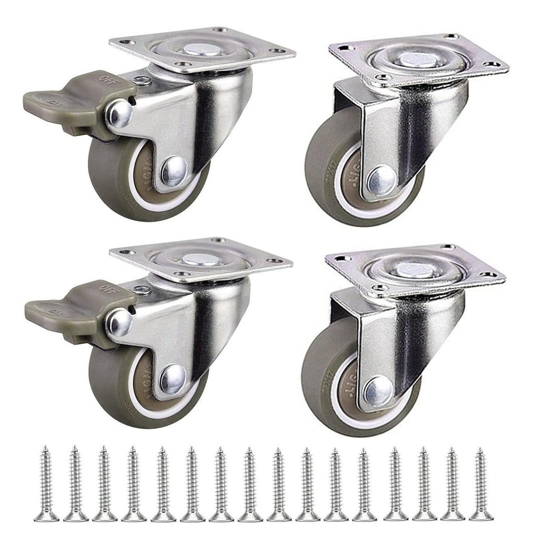 JZK 4 x 1 Inch Small Swivel casters Wheels with Brakes and Screws, 100KG Weight Capacity Rubber Castor Wheels with Locks, Dolly Wheels for Kitchen cart, Small Furniture, Hardwood Floors