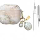 Case for AirPods 4 - Marble Pattern Case Cover with Shell Pearl Keychain and Cleaner Tool Compatible with Apple Airpods 4th Generation 2024, Light Pink