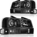 Headlights for 2003-2014 Chevy Express GMC Savana 1500/2003-2023 Express 2500 3500/2009-2022 Express 4500 Van Black Housing Clear Reflector Upper Lower Bumper Lamp