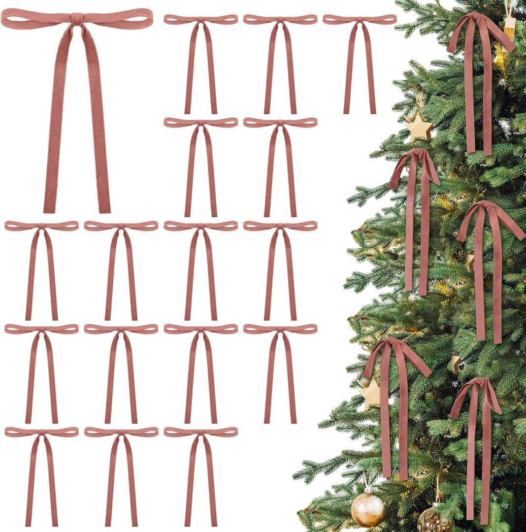 24 Pcs Velvet Bows Christmas Tree Ornaments Vintage Double Faced Velvet Ribbon Bows for Tree Garland Wreath Indoor Outdoor Xmas(5 x 7 Inch, Width of 3/8",Rose Gold)
