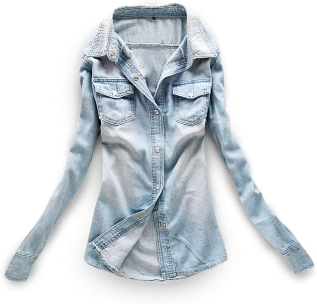 AvaCostume Women's Long Sleeve Double Pocket Slim-fit Jean Denim Shirt (XX-Large, Light Blue)