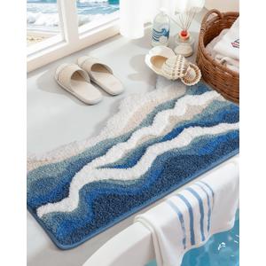 DEXI Cute Bath Mats for Bathroom, 32x20 Washable Absorbent Sea Wave Bathroom Rugs with Rubber Backing, Extra Soft Plush Microfiber Bathmat for Shower Floor, Tub, Sink, Bedroom, Ocean Blue