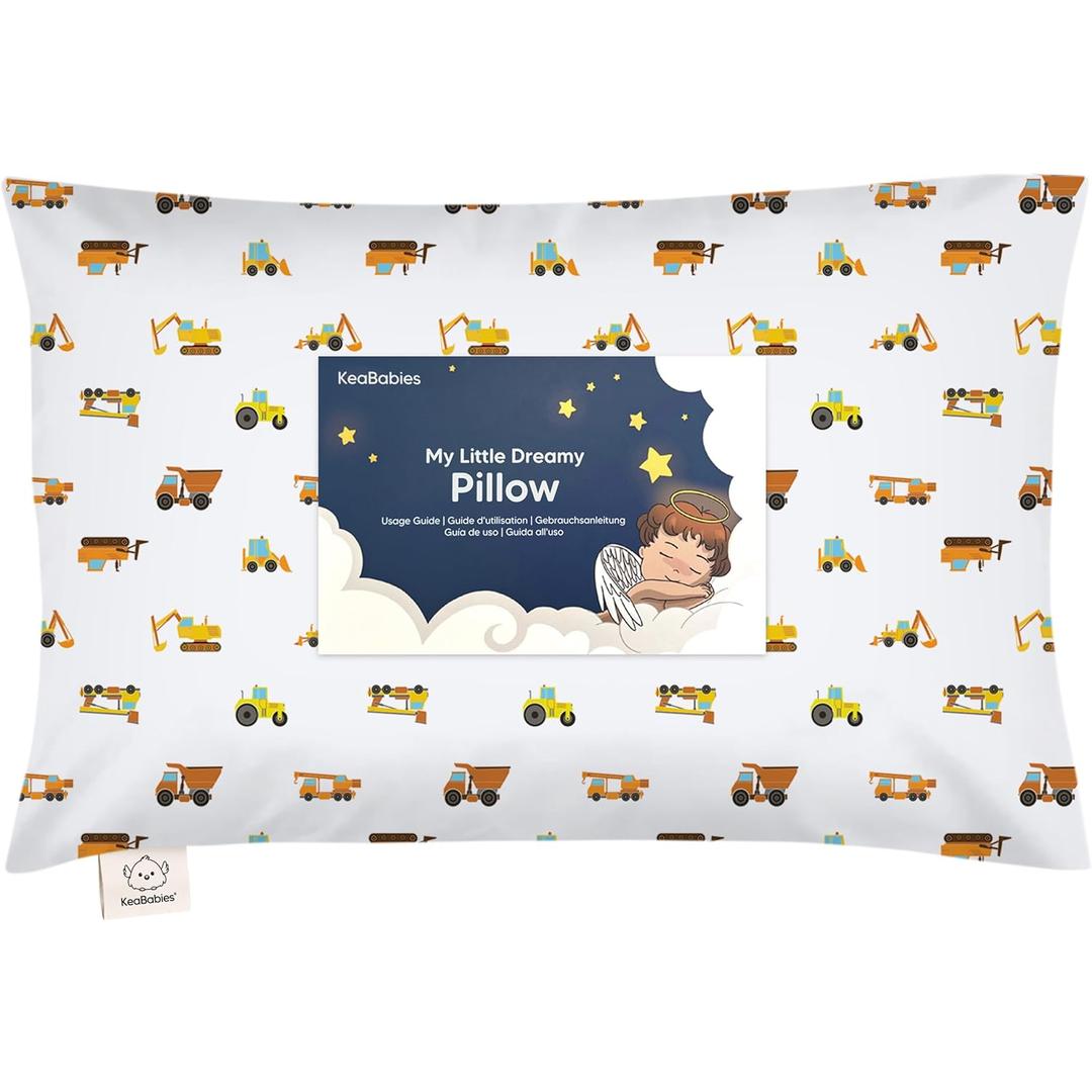Toddler Pillow with Pillowcase - 13x18 My Little Dreamy Kids Travel Bed Pillows for Sleeping, Organic Cotton Small Pillowcase, Soft & Breathable, Machine Washable, Toddlers 2-5 years old(Construction)