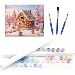 Christmas Paint by Numbers Kit for Adults  DIY Gingerbread House Painting on Canvas for Holiday Home Decor, Beginner Friendly Art Set for Christmas Gifts