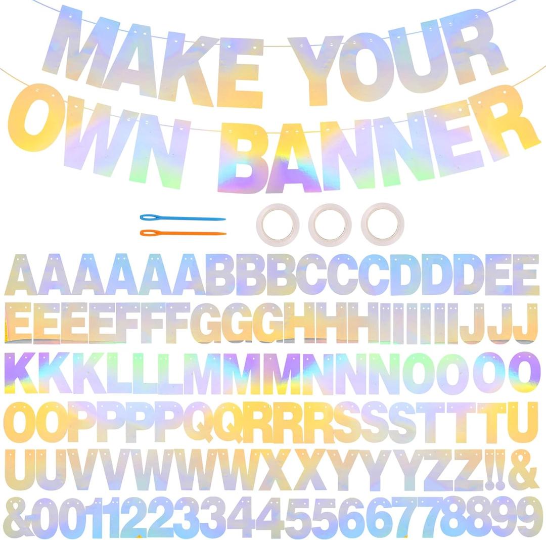 BEISHIDA 116 PCS A-Z DIY Letter Banner Kit Make Your Own Banner Including 111 Letters and Numbers 3 Rope and 2 Threading Device,Customized for Birthday Graduation Wedding Decor Laser Silver