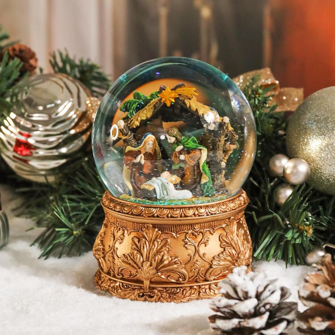 Nativity Christmas Snow Globes, Nativity Scene with Carved Base Musical Snow Globe Swirling Glittering Water Globes Christmas Birthday Gift for Girls Kids Daughters