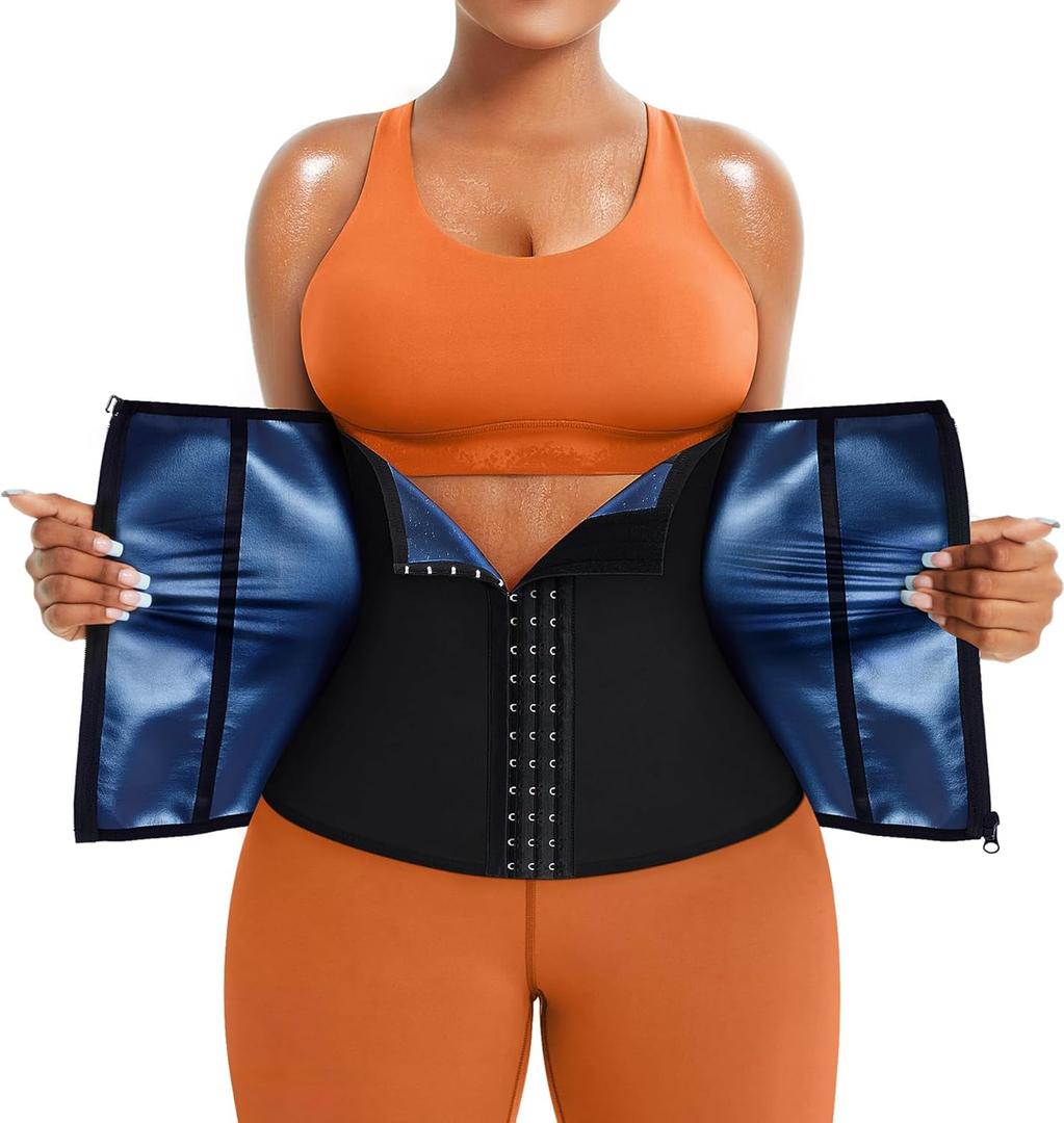 TrainingGirl Waist Trainer for Women Lower Belly Waist Trimmer Corset Tummy Wrap Workout Sweat Belt Band Sports Sauna Suit (Large, Black-blue Inner)