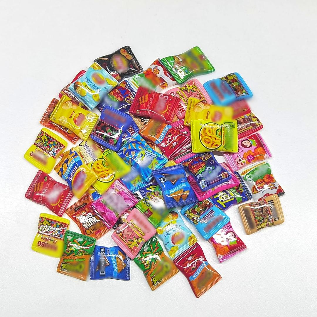 50 Pcs Miniature Snacks Food Mini Resin Potato Chips Set Mini Candy Bags Store Grocery Accessories