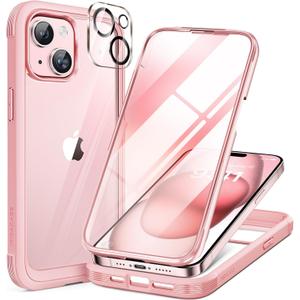 Miracase Glass Series Designed for iPhone 15 Plus Case 6.7',Full-Body Military Drop Proof 15 Plus Phone Case Cover with Built-in 9H Tempered Glass Screen Protector,Pink