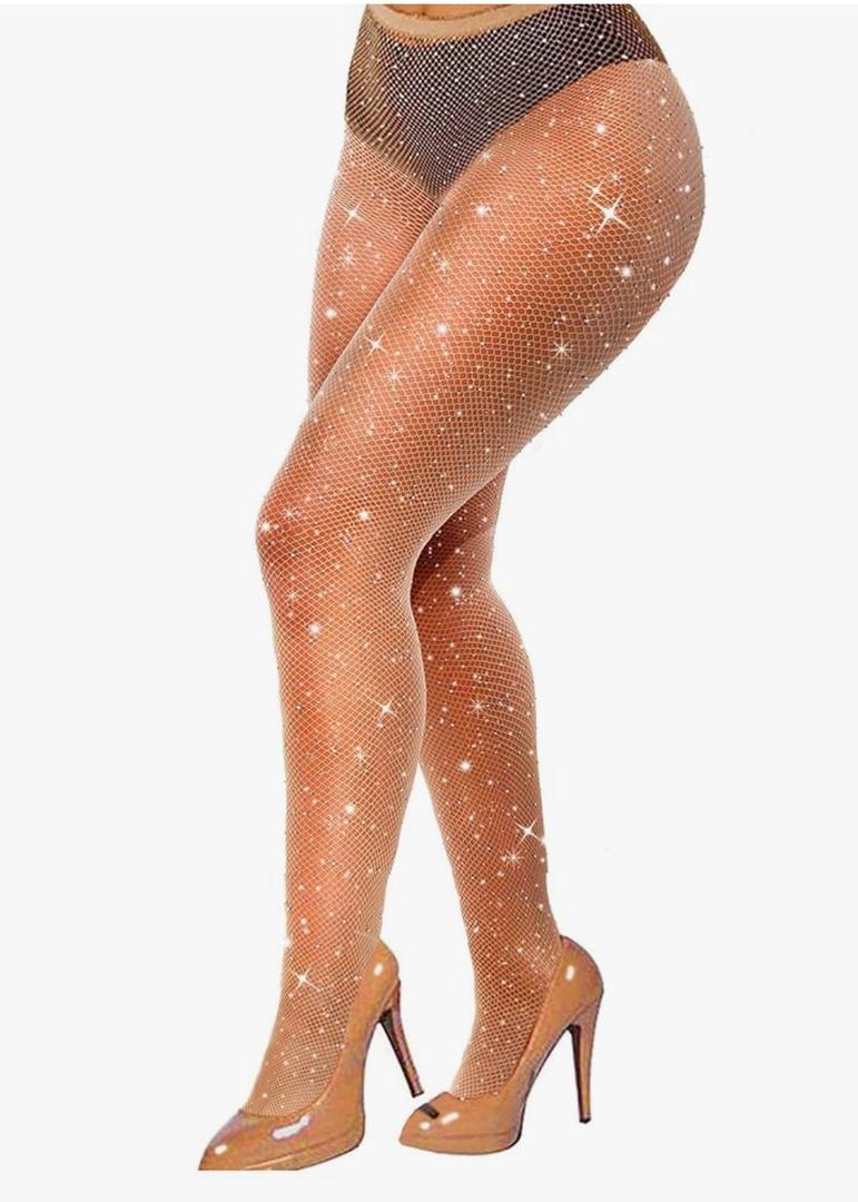 VEBZIN Sexy Sparkly Fishnets Stockings Jeweled High Waist Fishnet Tights for Women Rhinestone Party Pantyhose, Plus Size