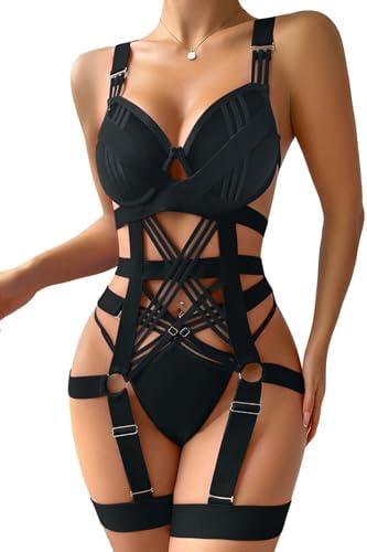 Lilosy Sexy Strappy Crisscross Cutout Underwire Garter Belt Lingerie Set Rave Outfits Large