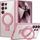 Compatible with Samsung Galaxy S24 Ultra Case with Magnetic Ring Stand [Compatible with Mag-Safe] [Full Camera Lens Protector] Plating Clear Phone Case for S24 Ultra 6.8", Pink