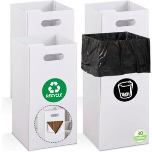 4 Pack Disposable Trash Cans for Parties, 30 Gallon Extra Large Thick Recycled Corrugated Cardboard Trash Bin, Collapsible Garbage Cans with 8 Bags for Wedding, Birthday, Backyard Party Event