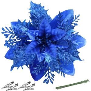 Christmas Poinsettia Artificial Flowers Decorations 5.5" Christmas Tree Wreaths Garland Decoration 12 Pcs Glitter Flowers Picks Decor for Xmas Wedding Party Ornaments (Royal Blue)