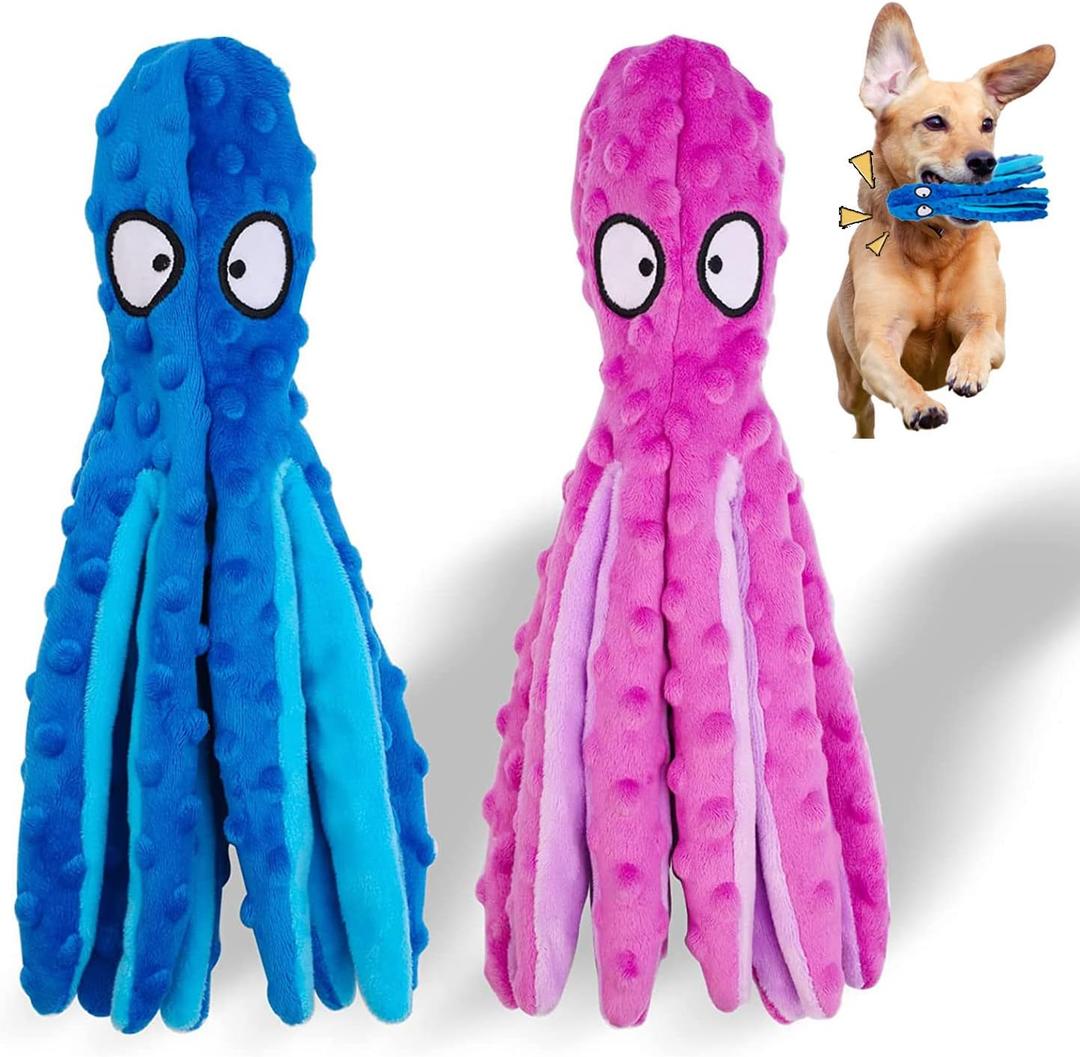 Squeaky Dog Toys, Crinkle Interactive Plush Chew Dog Toy Octopus for Hide and Seek and Puppy Teething, Perfect for Puppies, Small and Medium Dogs,2 Pack (Blue+Purple)