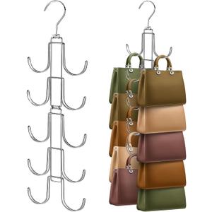 Purse Organizer for Closet, Upgraded Purse Hanger with 10 Big Hooks, 360 Degree Rotation for Better Organizer&Display, Collapsible Space Saving Hangers Rack for Handbag, Belt, Scarve, Tie (Silver)