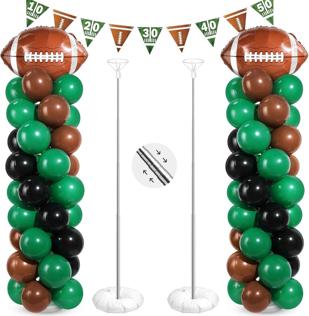 2 Sets Football Party Balloon Column Stand Kit with 2 Football Foil Balloons 90 Latex Balloons and Banner, Adjustable Balloon Stands for Sports Game Birthday Party Themed Decoration