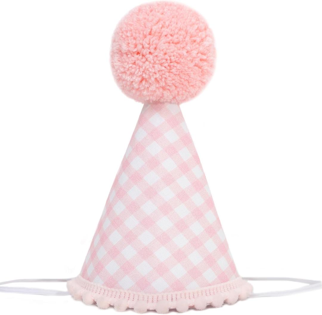 Gingham 1st Birthday Hat - Boy/Girl 1st/2nd/3rd/4th Birthday Decorations,Gingham 1st Party Hat ((Pink)