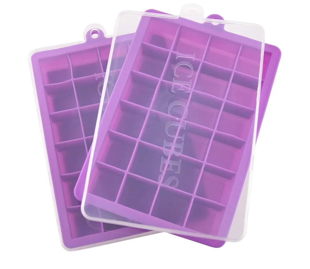 Ice Cube Tray, Silicone Square Ice Trays Easy Release Stackable Ice Cube Mold with Removable Lid, 24 Cavity (2 Pack, Purple and Blue)
