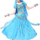ORIDOOR Belly Dance Dress Girls Indian Bollywood Halloween Costume Chiffon Skirts Shiny Belly Dance Suits 4-Piece Outfit, XL, BLUE