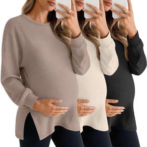 3 Pack Women's Maternity Shirts Long Sleeve Waffle Knit Side Split Oversized Tops Pregnancy Clothes Fall Tees (Large, Khaki, Apricot, Black)