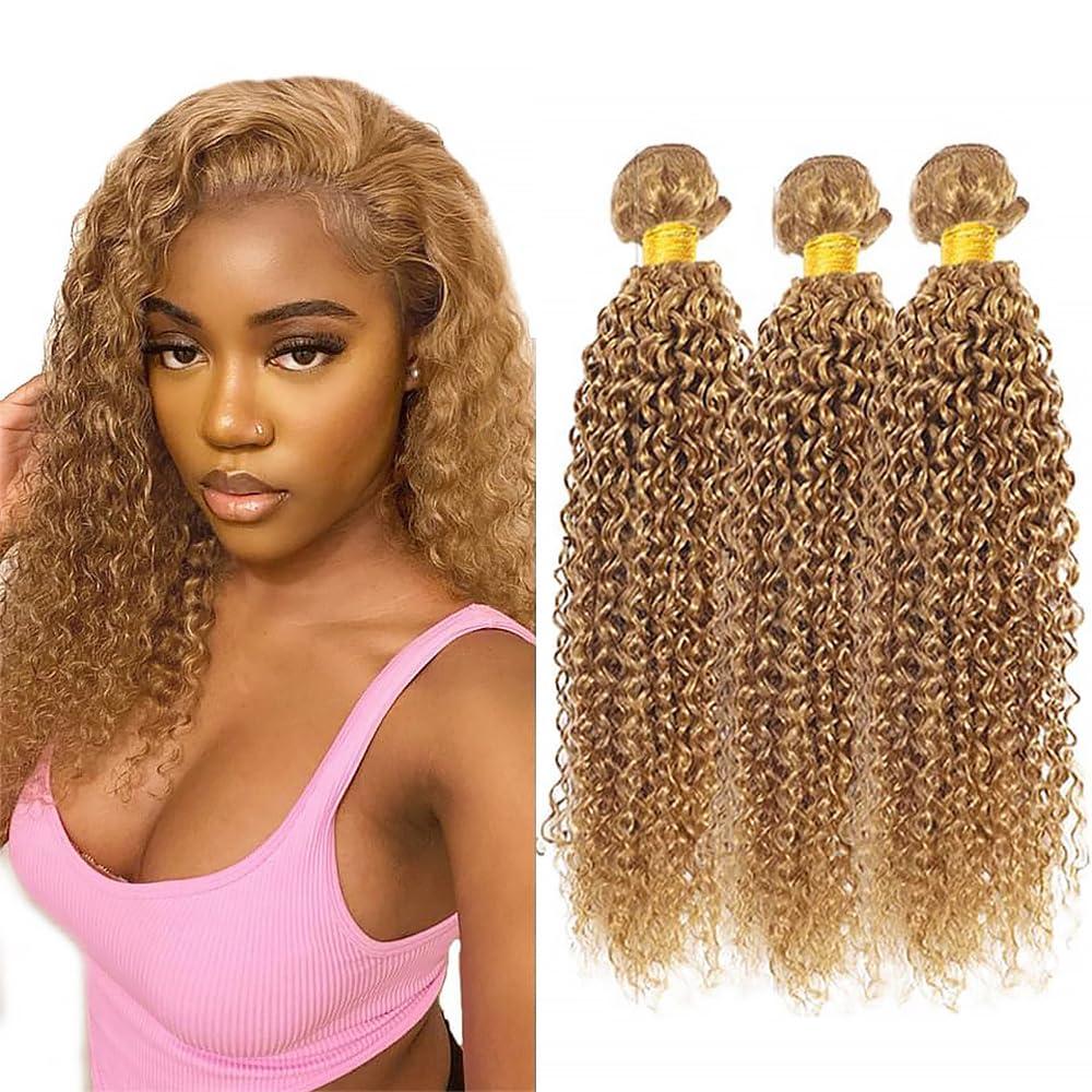 Curly Bundles Human Hair Color #27 Honey Blonde Human Hair 3 Bundles Kinky Curly Wave 14 16 18 Inch 50 Gram Per Bundle Brazilian Virgin Remy Hair Extensions For Black Woman