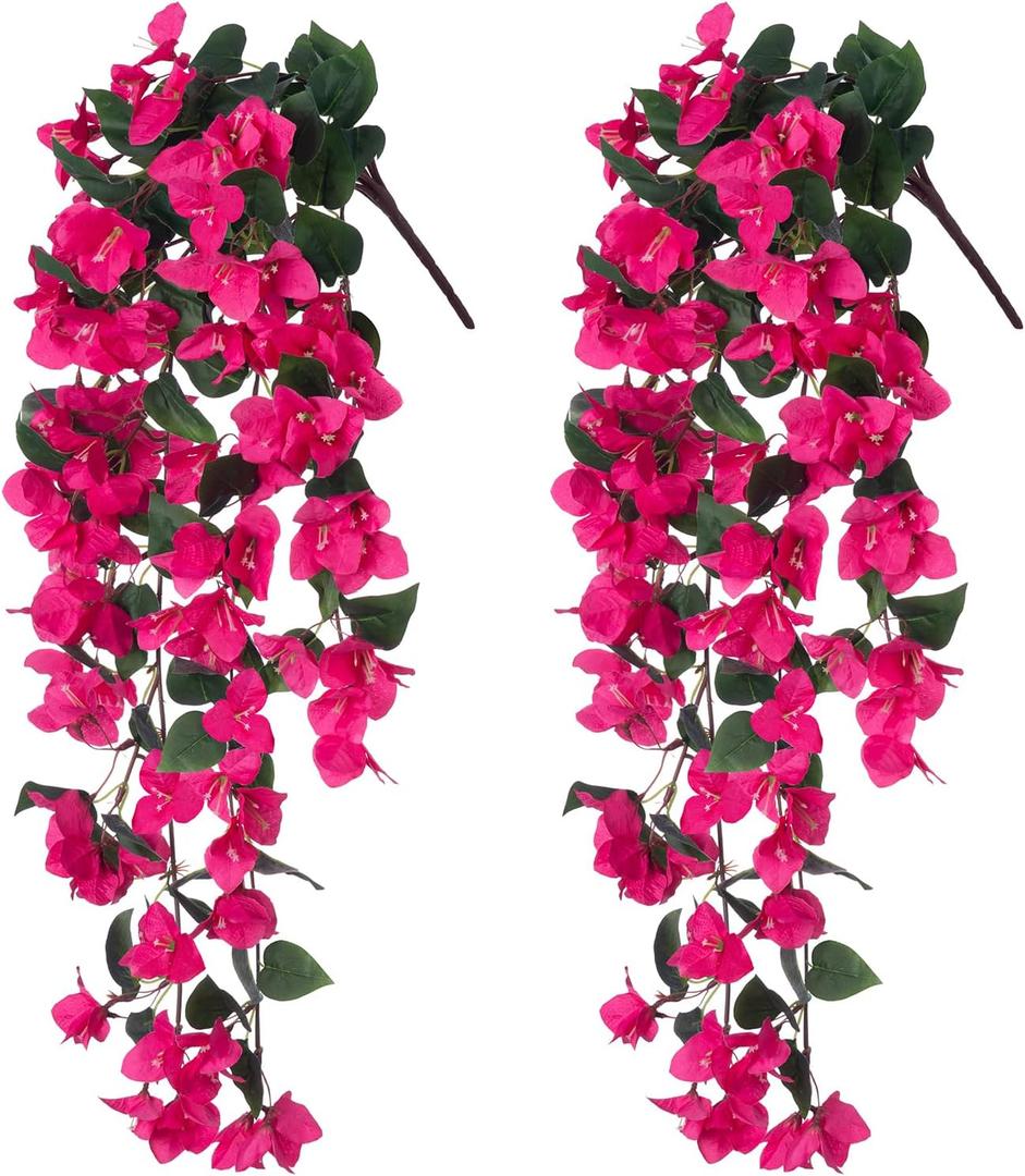 Lvydale 2PCS Artificial Bougainvillea Hanging Flowers Faux Plants for Outdoor Outside Summer Decoration, Fake Silk UV Resistant Realistic Long Trailing Vines for Home Porch Patio Balcony Yard, Hotpink