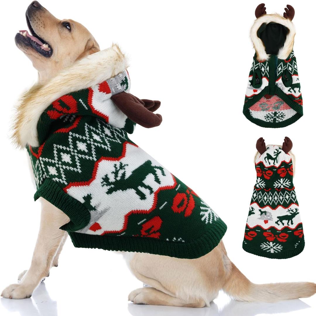OTOB Dog Ugly Christmas Sweater, Winter Thick Knitted Dog Sweaters for Medium Large Dogs Cozy Holiday Hooded Sweaters with Leash Hole Male Female, Xmas Doggie Pet Clothes Outfits Apparel, Green XL