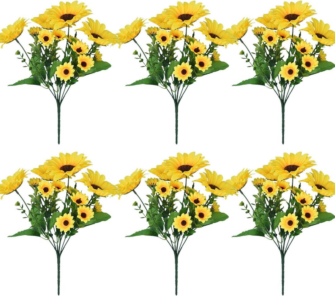 6 Pack Artificial Sunflowers with Stems for Indoor Outdoor 12 inch Fake Silk Sunflower with 13 Sunflower Heads and 27 Green Leaves Decor Home Wedding Party Office (6Pack)