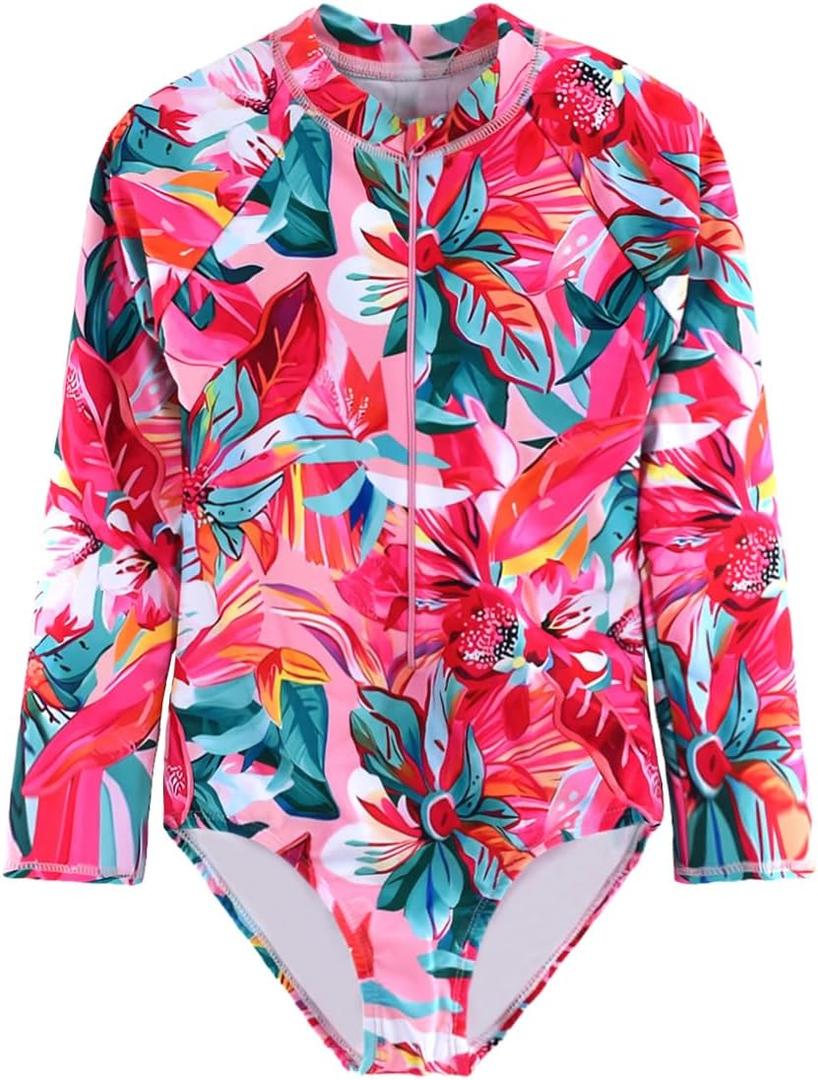 Girls Long Sleeve Swimsuit One Piece Bathing Suit Zipper UPF 50+ Rash Guard Swimwear (Pink, S)