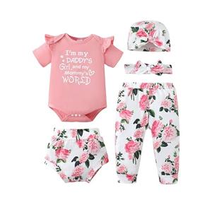 SUNNY PIGGY Baby Girl Clothes Infant Newborn Girls Outfits Romper with Headband Hat Pants Shorts Set 5Pcs 6-12 SUNNY PIGGY Baby Girl Clothes Infant Newborn Girls Outfits Romper with Headband Hat Pants Shorts Set 5Pcs 6-12