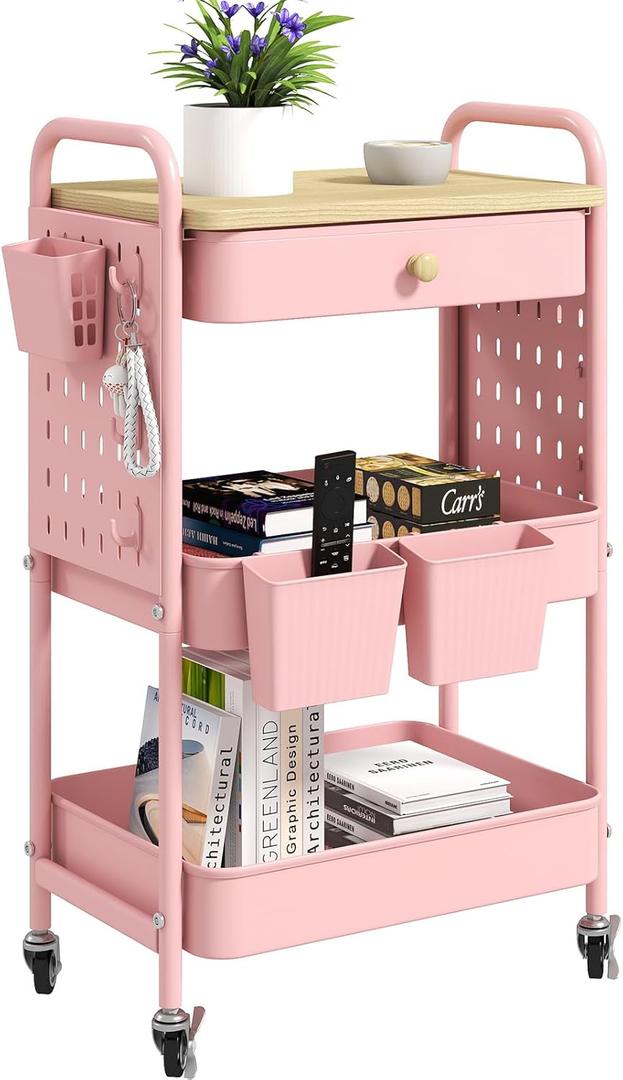 danpinera 3 Tier Rolling Cart, Metal Storage Cart with Drawer, Wooden Tabletop & DIY Pegboards, Utility Carts on Wheels with Hooks & Hanging Cups, Mobile Storage Organizer Trolley for Kitchen, Office