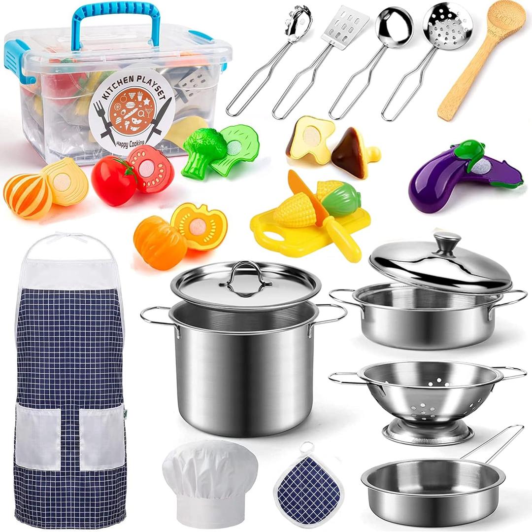 Play Kitchen Accessories, Kids Kitchen Pretend Play Toys, Kitchen Set with Stainless Steel Cooking Utensils Cookware Pots and Pans Set Healthy Vegetables, Knife, Apron, Little Chef Boys Girls