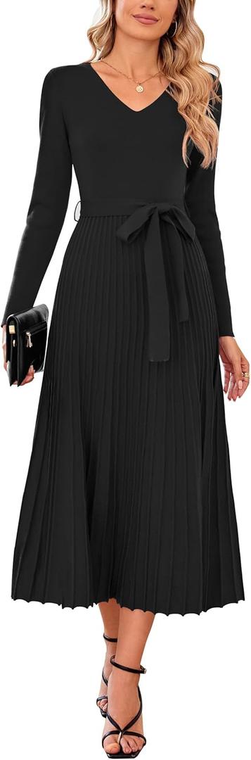 Arach&Cloz Women's Wool Blend Tie Waist Pleated Fall Sweater Dress 2025 (Large, Black)
