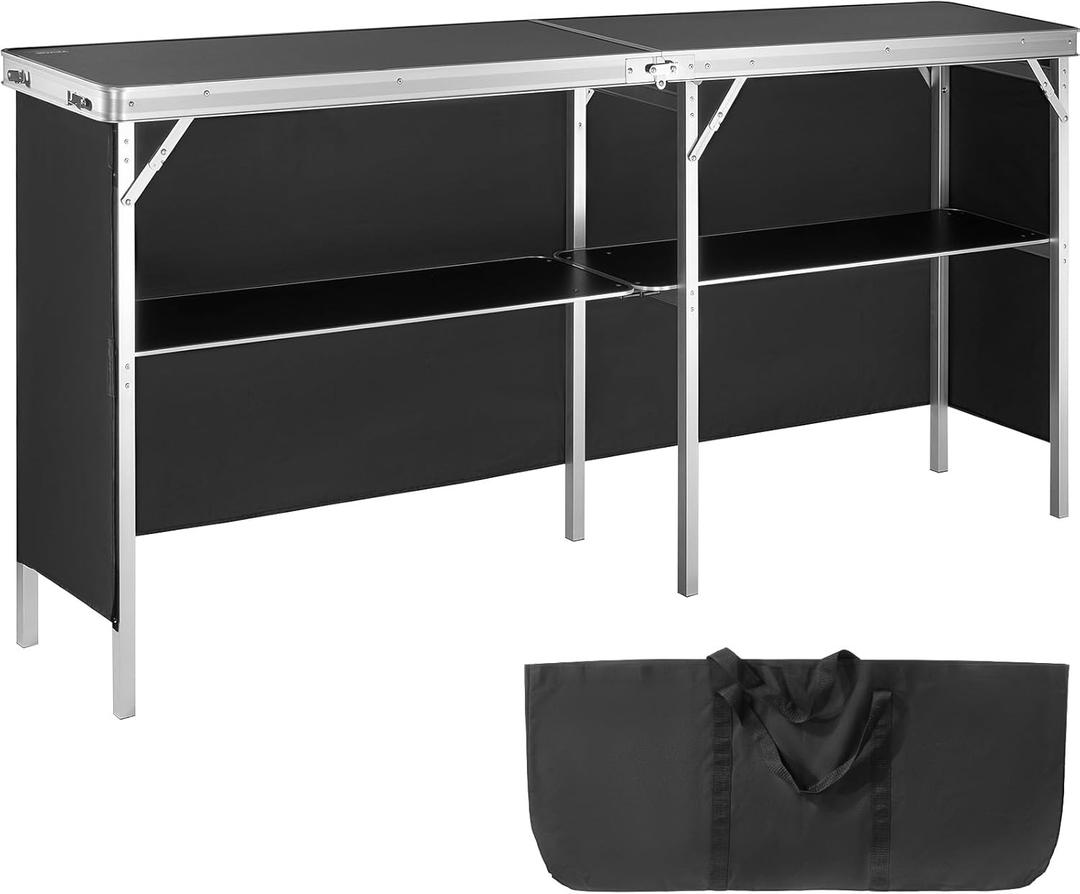 VEVOR Extra Long Folding Portable Bar Tradeshow Podium Table for Indoor, Outdoor, Party, Picnic, Exhibition, Includes Carrying Case, Storage Shelf and Black Skirt, 77.95" x 15.16" x 34.65"