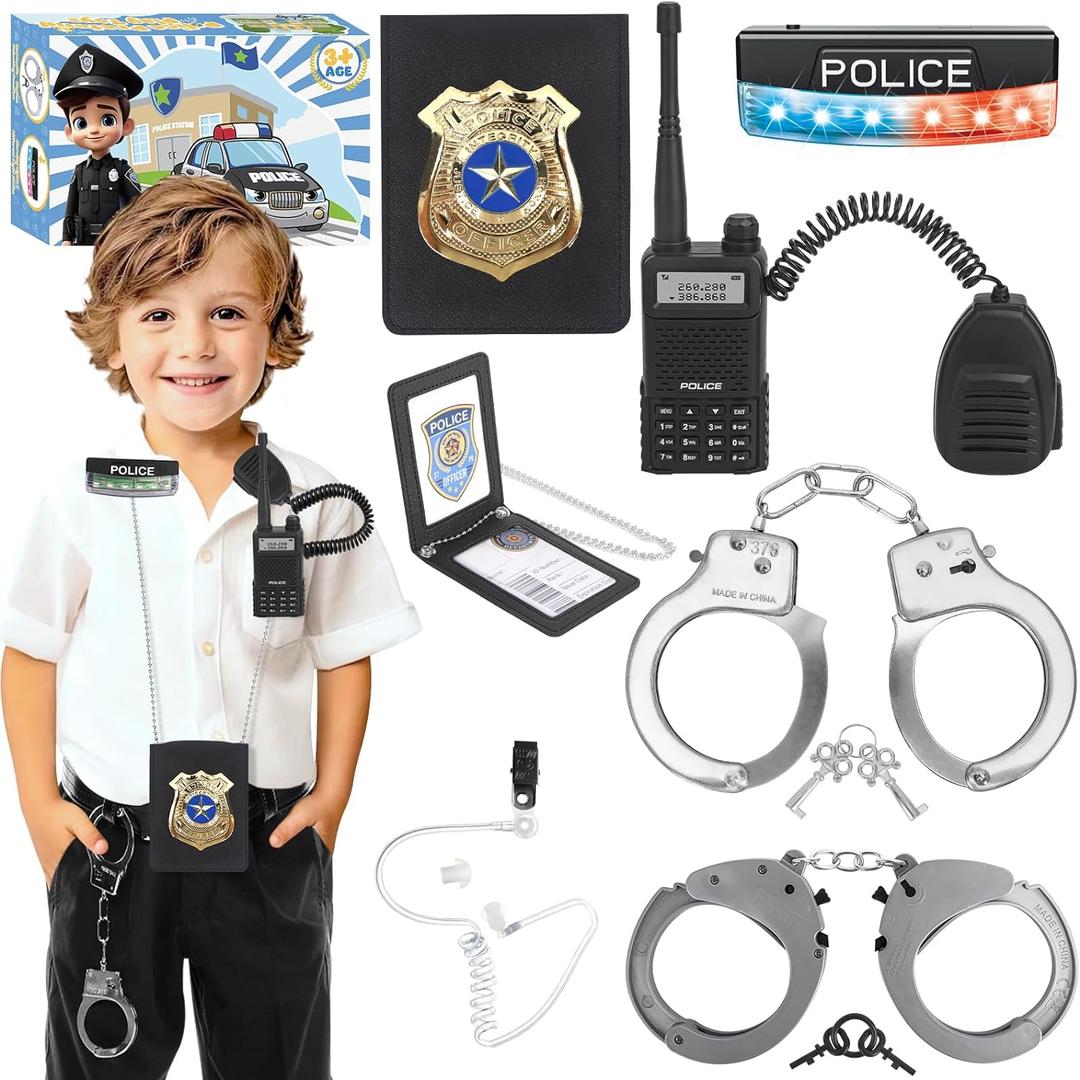 Police Toys, Police Pretend Play Toys for Kids Boys and Girls, Role Play Set with Police Accessories, Handcuffs, Warning Light, Police Badge, Birthday Halloween