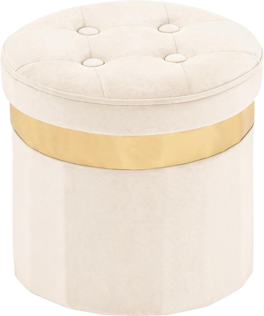 xuperbonus Small Ottoman with Storage,Folding Round Ottoman with Gold Trim,Velvet Storage Stool,Foot Stool with Soft Padded,Foot Rest for Living Room13x13x12.4(Beige,1pcs)