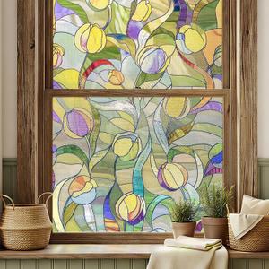 3D Stained Glass Window Film, Decorative Window Privacy Film for Bathroom,Front Door,Home, Sun Blocking Heat Control,Static Cling, Moonlight Tulip, 23.6inch x 35.4inch