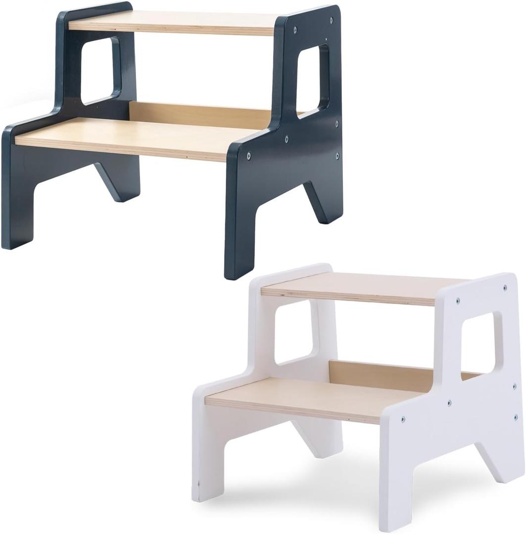 OgiOgi Toddler Step Stool, 2 Step Wooden Toddler Kitchen Stool Helper for Bathroom Sink, Toilet & Potty Training, 330lbs Capacity Stools for Kids with Safe Non-Slip Pads and Handles-Blue & White(2PCS) (Night Black+snowy White)