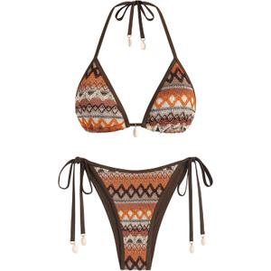 ZAFUL Women's Colorblock Stripes Triangle Halter Tied Cheeky Thong Bikini Set High Cut Two Piece Bathing Suit (2-brown), S
