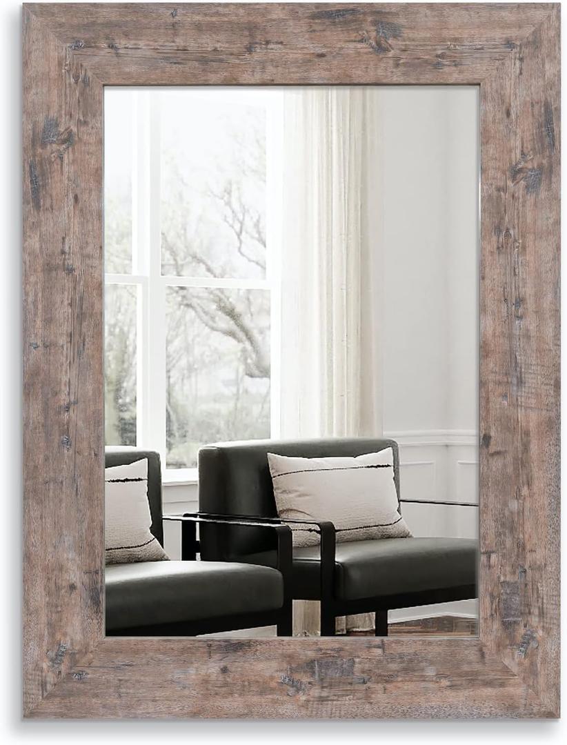 Syndra Wood Mirror with Frame, Rustic 24X32 Inch Wall Mounted Vanity Mirror with Large Wood Frame, Farmhouse Bathroom Mirror for Bedroom, Living Room, Entryway Wall Decor(Natural)