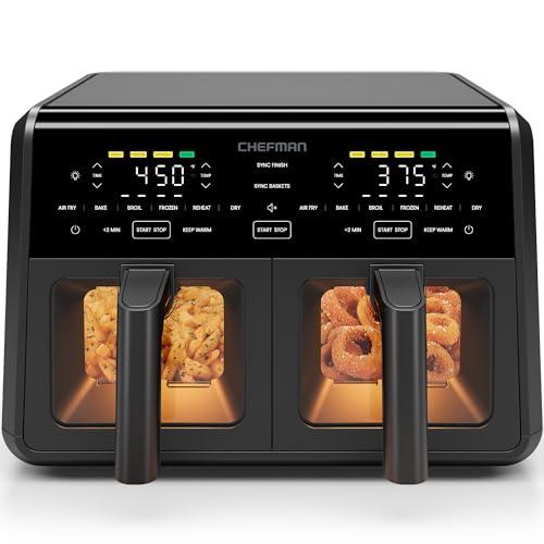 Chefman Dual Air Fryer Oven with DC Motor, 9 Qt. Double Basket Air Fryer with 450°F Max Temp for Meals in Minutes, Bake, Broil, Dehydrate, Reheat for Extra-Crispy Chicken, Fries, and More - Black