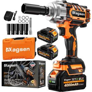 1/2 inch Cordless Impact Wrench, 900Ft-lbs (1200N.m) High Torque Brushless Impact Gun,3800RPM,2x4000mAh Battery, 5 Sockets, LED Light, Electric Impact Motor Variable Speeds for Car/Mower/Pickup