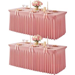 2 Packs Dusty Rose Table Clothes for 6 Foot Rectangle Tables, One-Piece Wrinkle Resistant Stretch Spandex Table Covers with Skirt for Event Banquet Wedding Birthday Party