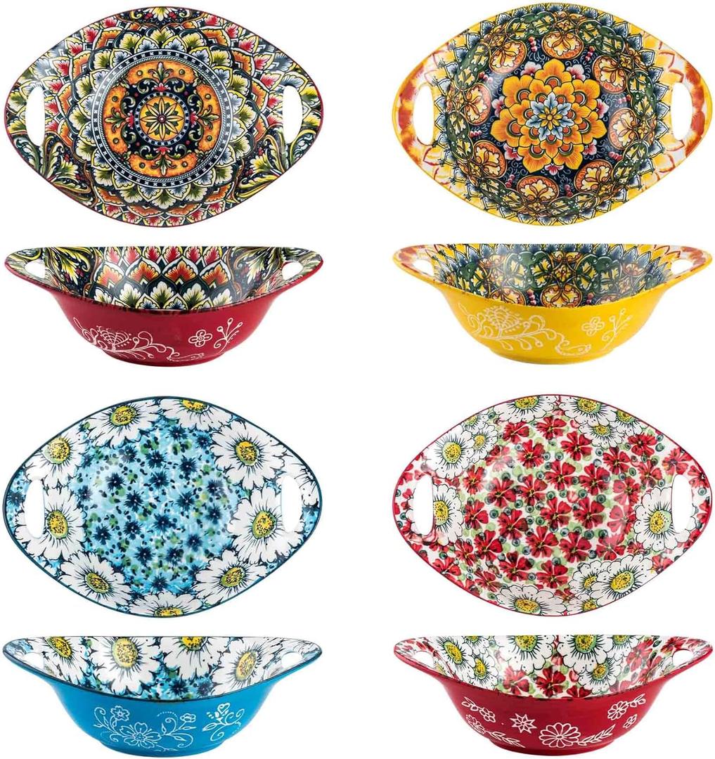 Henten Home Ceramic Salad Bowls Set, 19 oz Porcelain Soup Bowl Set of 4, Colorful Serving Bowls with Handle for Dinner, Pasta, Oatmeal, Bohemian Style, Microwave & Dishwasher Safe