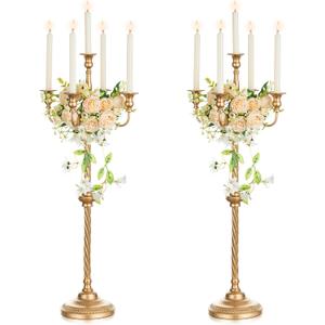 Nuptio Tall Gold Candelabras 34 Inch Candle Stick Holders Set of 2 Floor Candle Stand Taper Candle Holders for Classic Wedding Mantal Christmas Halloween Easter Home Table Centerpiece Decoration
