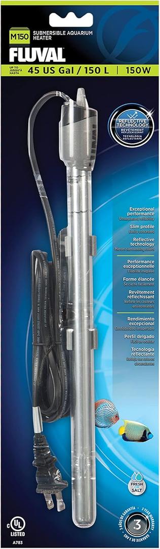 Fluval M 150-Watt Submersible Aquarium Heater  Reliable, Compact Heating with Mirror Technology for Fresh & Saltwater Tanks Up to 45 Gallons